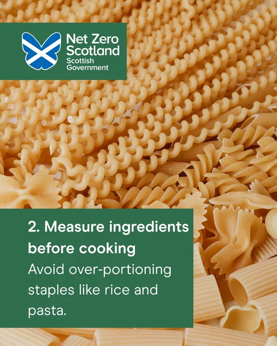 Close-up of various uncooked pasta types with text in graphic that reads "2. Measure ingredients before cooking, avoid over-portioning staples like rice and pasta."