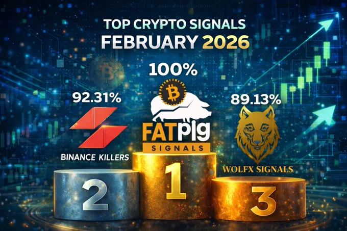 A digital graphic highlights the top three Crypto Signals February 2026: Fat Pig Signals leads with 100%, followed by Binance Killers at 92.31%, and Wolfx Signals in third with 89.13%.