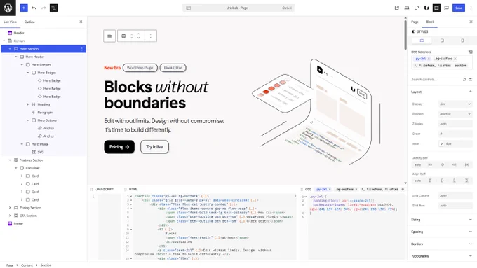 Screenshot of Unblock, a WordPress block editor plugin. The interface shows a block tree on the left, a live page preview in the center, and a CSS panel on the right with multiple active selectors including pseudo-elements. HTML and CSS code editors are visible at the bottom.
