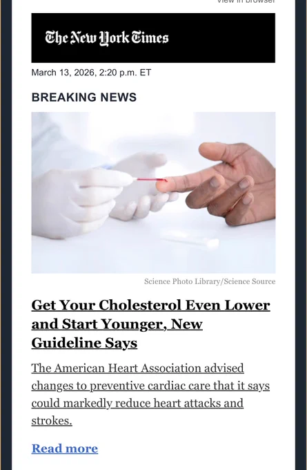 Breaking news alert is an article about the American Heart association changing its guidance on when to start lowering your cholesterol 