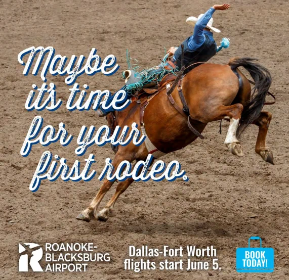 Maybe it's time for your first rodeo - ROA logo. Dallas-Fort Worth flights start June 5. Photo: Cowboy riding horse