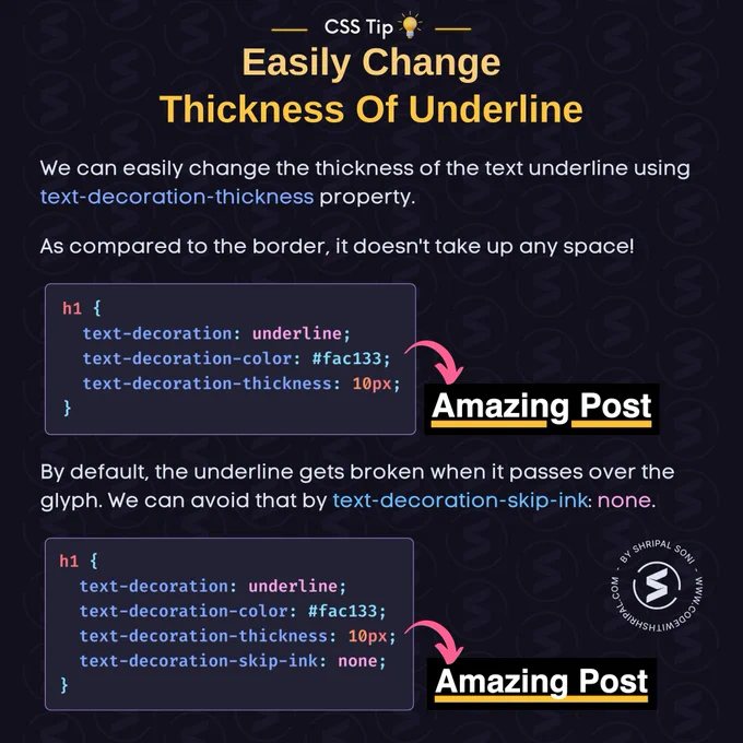 We can easily change the thickness of the text underline using text-decoration-thickness property.

CSS Code:
h1 {
 text-decoration: underline;
text-decoration-color: #fac133;
text-decoration-thickness: 10px;
}

As compared to the border, it does not take up any space!

By default, the underline gets broken when it passes over the glyph. We can avoid that by text-decoration-skip-ink: none.
