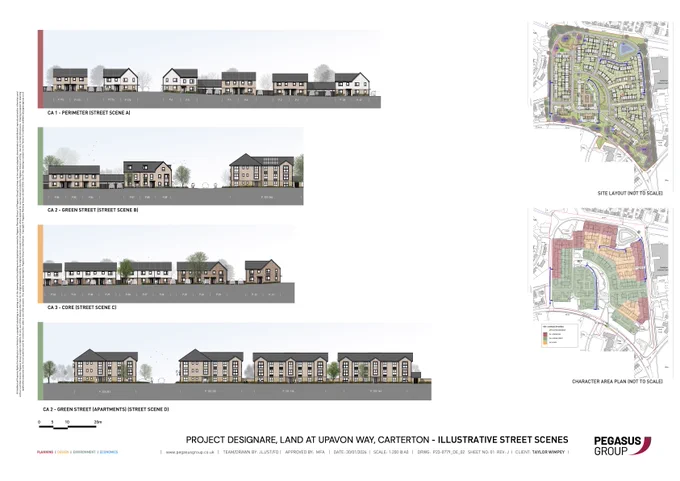 Artist impressions of a row of houses built from different angles on a grey road. 