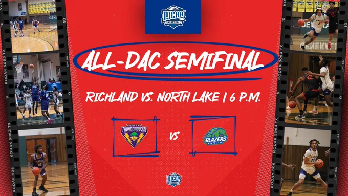 Dallas College Richland men's basketball players (on left filmstrip) and Dallas College North Lake players (on right strip) in action at NJCAA Division III Tournament. The two Dallas Athletic Conference teams play 6 p.m. Friday in the national semifinals. 