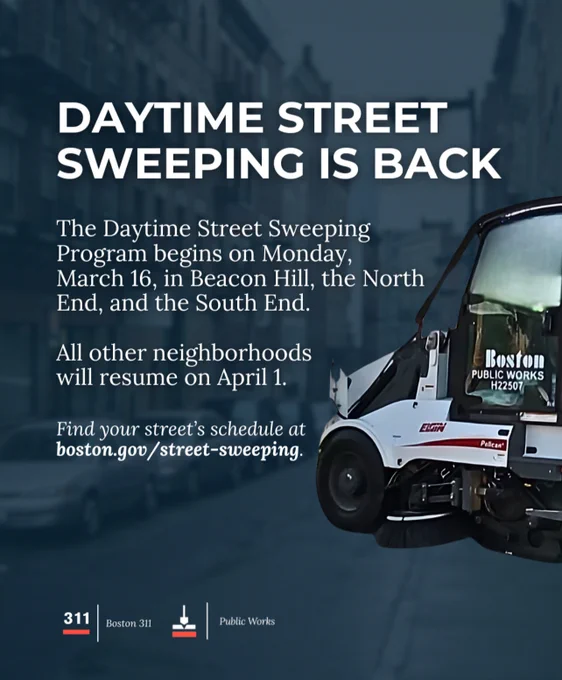 Graphic: Daytime Street Sweeping begins on Monday, March 16, in Beacon Hill, the North End, and the South End.