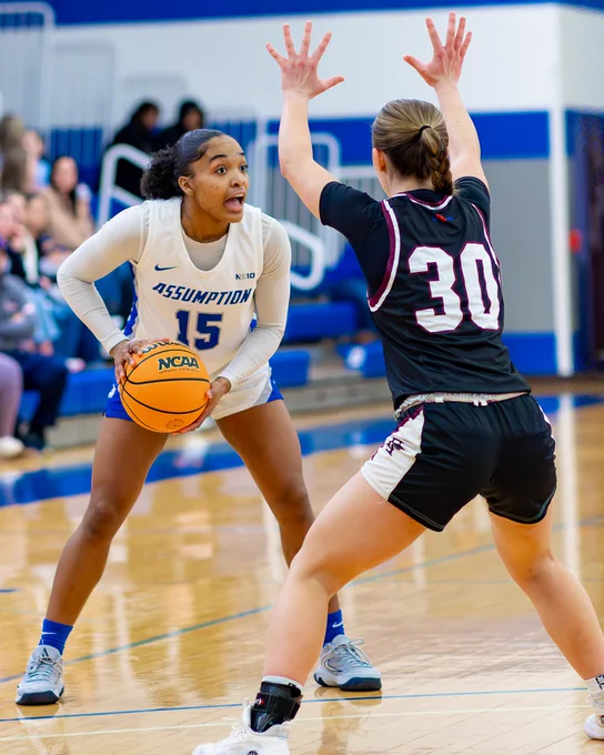 A student-athlete on the AU Women's Basketball team with the ball during a game in January.
