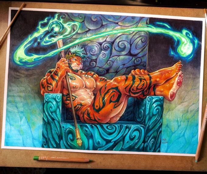 A photo of a traditional handmade illustration, showing a muscular anthropomorphic tiger man, laying sideways on a spiraling, marble throne. He's a mage and holding a magic staff that emits green flames. He's sitting with his feet crossed and his body glistens. A few art tools lay around the painting. 