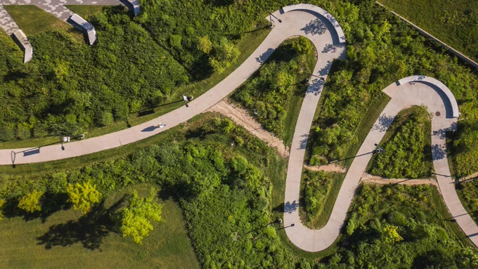 Aerial view of a UTM campus path