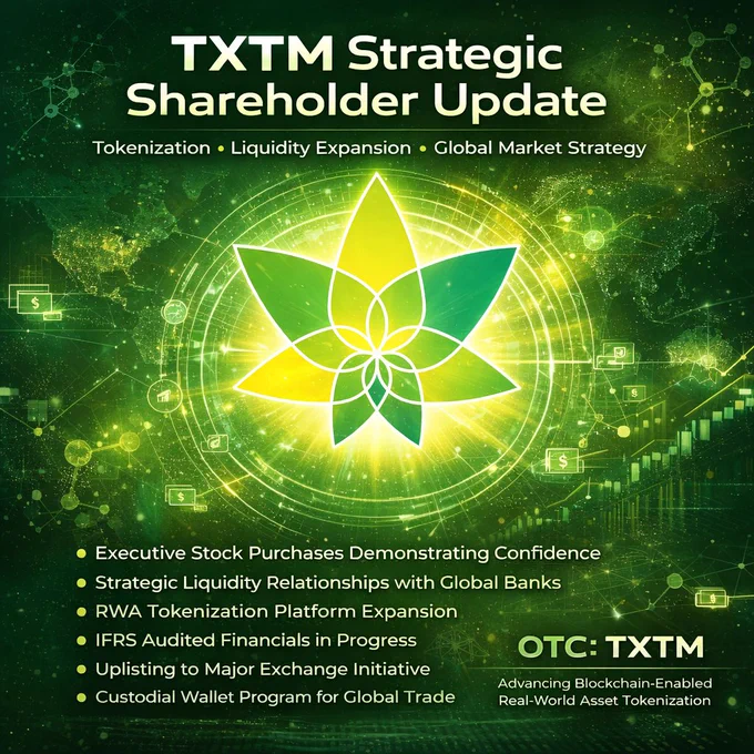 $TXTM - ProText Mobility (OTC: TXTM) reports strategic progress including executive stock accumulation, zero debt and no reverse splits. The company is securing liquidity partnerships with major banks, expanding blockchain-based real-world asset tokenization, advancing IFRS-audited financials, and preparing for a major exchange uplisting while leveraging proprietary biotech and nano technologies to unlock new revenue and global scalability.