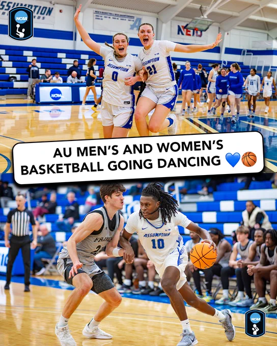 Images from our men's and women's basketball games with text that reads "AU MEN'S AND WOMEN'S BASKETBALL GOING DANCING"