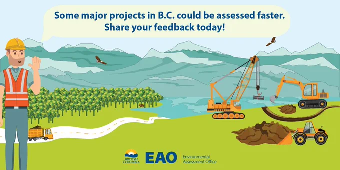 Cartoon infographic of a construction project in an environmental setting. A construction worker says in a speech bubble: "Some major projects in B.C. could be assess faster. Share your feedback today!"