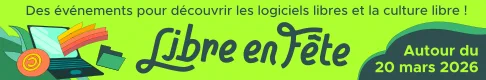 Bannière de couleur verte pour l'événement "Libre en Fête".

À gauche, une illustration de divers objets : un ordinateur portable, un livre, un stylo, et une clé USB stylisés.

Au centre, le texte "Des événements pour découvrir les logiciels libres et la culture libre !" en blanc, suivi du titre "Libre en Fête" en lettres orange et vertes stylisées.

À droite, la mention "Autour du 20 mars 2026" en blanc.