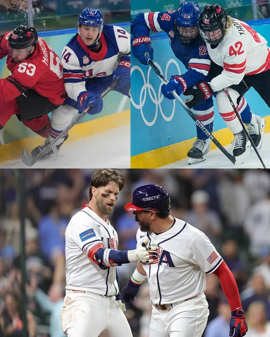 Pic collage of USA vs. Canada in hockey and baseball.

Top left: Canada's Brad Marchand  and USA's Brock Faber during the men's ice hockey gold medal game. Marchand wears a red Team Canada jersey, Faber wears a red, white, and blue Team USA jersey.

Top right: USA's Joy Dunne and Canada's Claire Thompson during the women's ice hockey gold medal game. Dunne wears a red, white, and blue Team USA jersey. Thompson wears a white and red Team Canada jersey.

Bottom: Bryce Harper and and Kyle Schwarber celebrate. Both wear white Team USA jerseys.