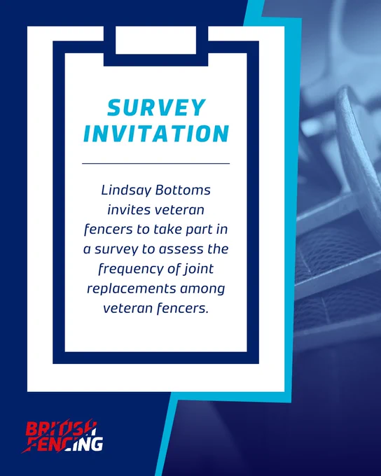 A navy-turquoise-white graphic that says 'survey invitation: Lindsay Bottoms invites veteran fencers to take part in a survey to assess the frequency of joint replacements among veteran fencers.' It features a blue duotone photo of some foils in the background.