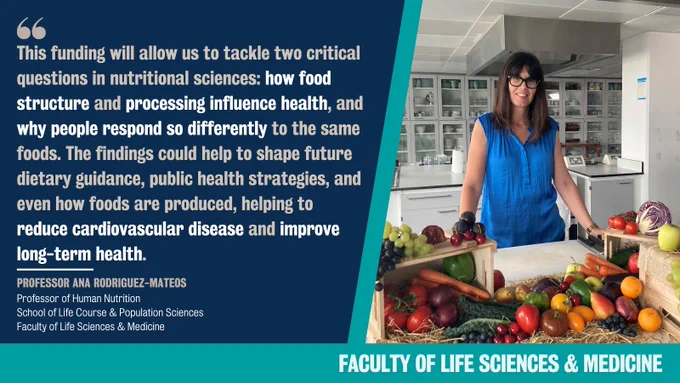 Photo of Professor Ana Rodriguez-Mateos with quote: “This funding will allow us to tackle two critical questions in nutritional sciences: how food structure and processing influence health, and why people respond so differently to the same foods. The findings could help to shape future dietary guidance, public health strategies, and even how foods are produced, helping to reduce cardiovascular disease and improve long-term health."
