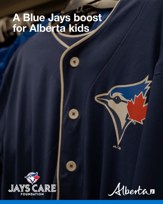 Image of a Toronto Blue Jays unifrom. Caption reads A Blue Jays boot for Alberta kids.