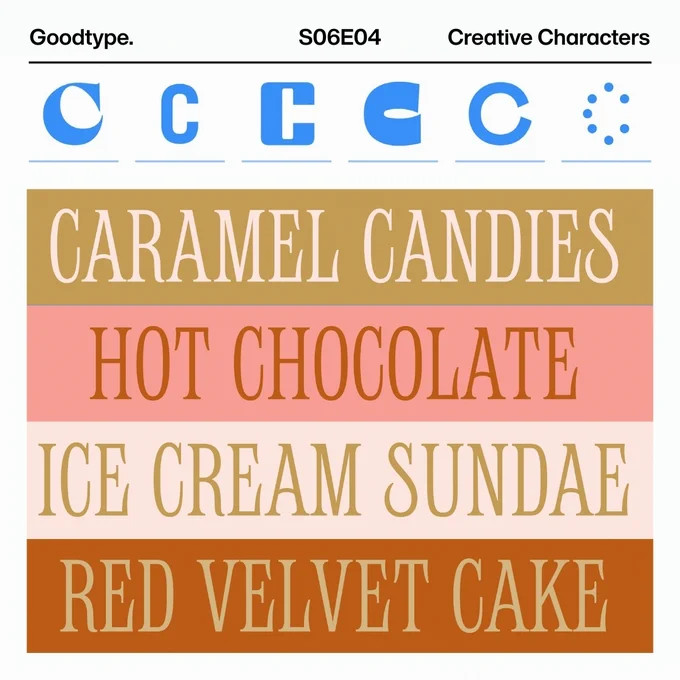 Slide promoting Creative Characters podcast, Season 6 Episode 4, with guests Goodtype. There is a row of 6 blue C's in varied styles along the top, followed by a graphic showcasing typography in browns, pinks, and tan bands. Text: "CARAMEL CANDIES, HOT CHOCOLATE, ICE CREAM SUNDAE, RED VELVET CAKE."