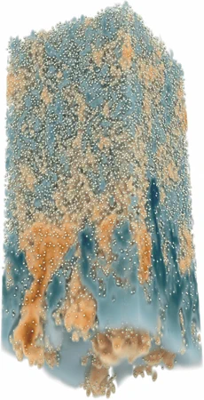 square column, blue and beige stain patterns overlapping, resembling an upside down square candle made of light blue wax with heavier streaks of darker blue, the beige colored relief appears textured or to provide a texture to the surface of the shape that becomes increasing fuzzy from bottom to top