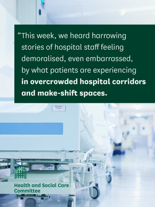 A quote from Chair of the Health and Social Care Committee, Layla Moran MP. 

'This week, we heard harrowing stories of hospital staff feeling demoralised, even embarrassed, by what patients are experiencing in overcrowded hospital corridors and make-shift spaces."
