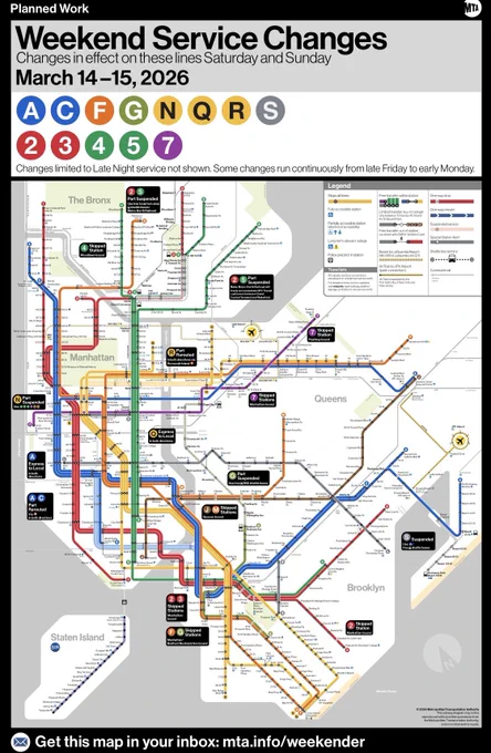Weekend service change map between Mar 14 - 15, 2026