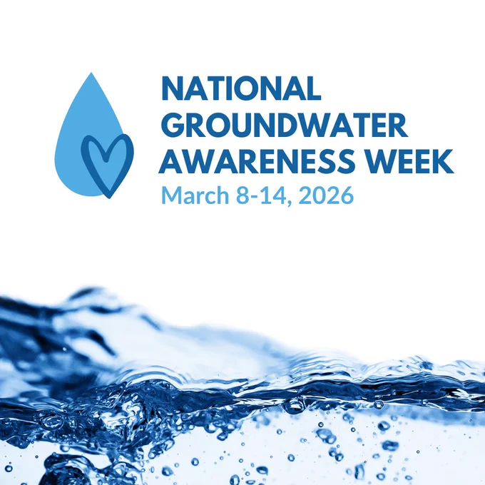 White background with a moving water graphic along the bottom. At the top, large dark blue text reads “National Groundwater Awareness Week,” with “March 8–14, 2026” in lighter blue underneath. To the left is a light blue raindrop icon with a hollow dark blue heart in the lower right of the drop.