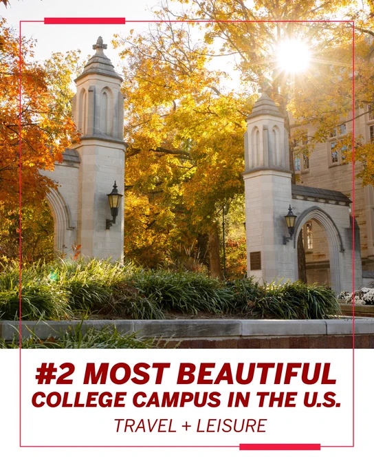 Stone columns with lanterns stand amidst vibrant autumn trees on a college campus. The image is labeled as the "#2 Most Beautiful College Campus in the U.S." by Travel   Leisure.