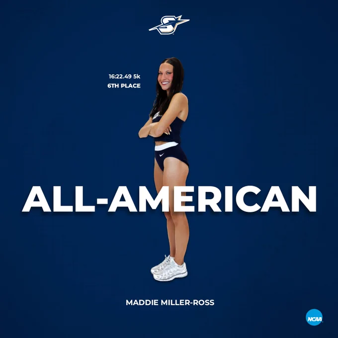 All-American, Maddie Miller-Ross, 16:22.49 5k, 6th  Place, UIS & NCAA logos