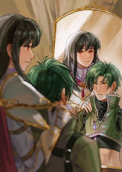 An illustration of Astrid and Sothe from Radiant Dawn in their promoted outfits. Their images are reflected in a mirror as Astrid proudly bequeaths Sothe her grandmother's pendant. Sothe looks on in astonishment as the crystal emits rainbow light.