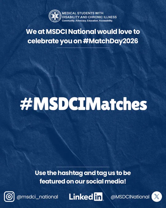 Dark blue background with the MSDI logo in white at the top center of the page. Below in white font “We at MSDCI National would love to celebrate you on #MatchDay2026. In the center of the page in white bold font #MSDCIMatches.” At the bottom center in white “Use the hashtag and tag us to be featured on our social media!”
At the bottom left corner in white the instagram logo and next to it in white font “@msdci_national.” At the bottom right “@MSDCINational,” LinkedIn logo, and the X platform logo next to it in white.