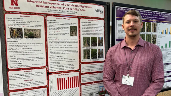 Alex Chmielewski, an agronomy and horticulture master's student, presents his poster on control of volunteer corn using mechanical methods, herbicide, and a combination of the two at the 2026 Weed Science Society of America meeting.