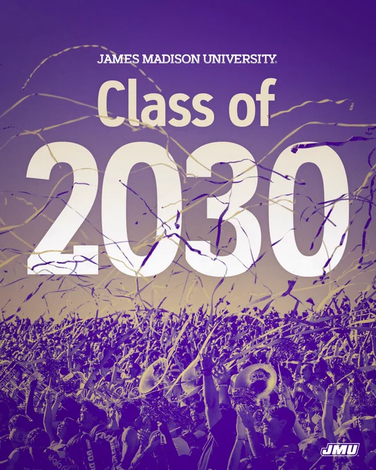 A purple and gold gradient graphic with a crowd of cheering people at the bottom throwing streamers. At the top, small white text reads “James Madison University.” Below it, larger white text reads “Class of 2030.” In the right corner is a small white JMU logo. 