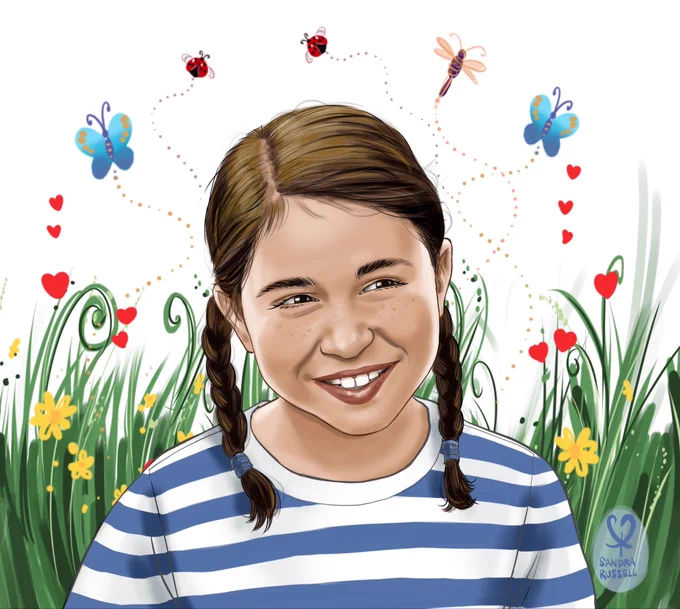 Sandra Russell art illustration of a girl with plaits wearing a blue and white t-shirt, surrounded by flowers and butterflies