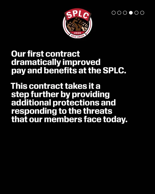 SPLC Union logo

Our first contract dramatically improved
pay and benefits at the SPLC.
This contract takes it a step further by providing additional protections and responding to the threats that our members face today.