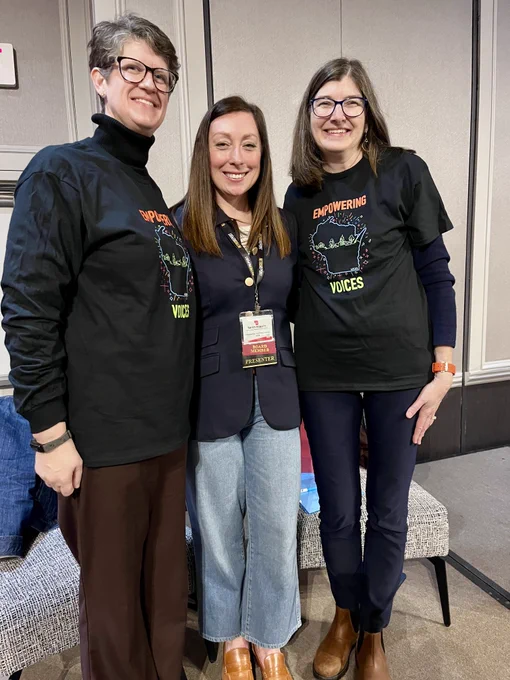National Council for the Social Studies Executive Director Kelly McFarland Stratman, Sarah Kopplin of Shorewood High School, and Dr. Jill Underly posing for a picture.