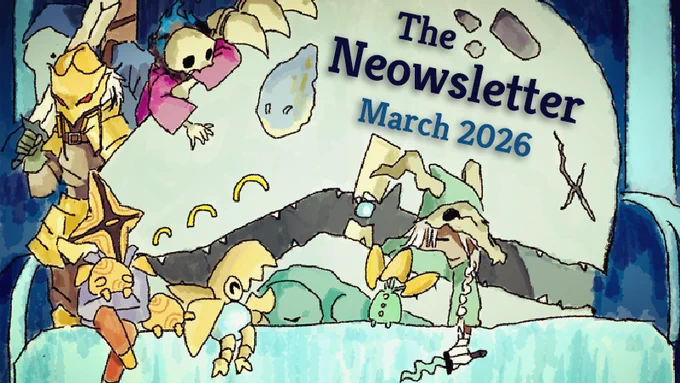 The March 2026 Neowsletter cover featuring Neow surrounded by most of the StS2 roster of playable characters and some enemies.
