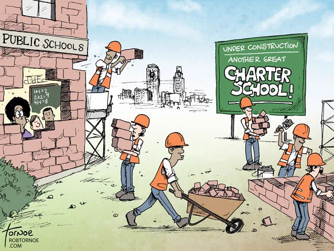 Cartoon showing construction workers removing bricks from a building labeled “Public Schools.” Students watch from a classroom window as the workers carry the bricks across the scene to build a new structure beside a sign reading “Under Construction: Another Great Charter School!” The image suggests public schools are being dismantled to build charter schools.