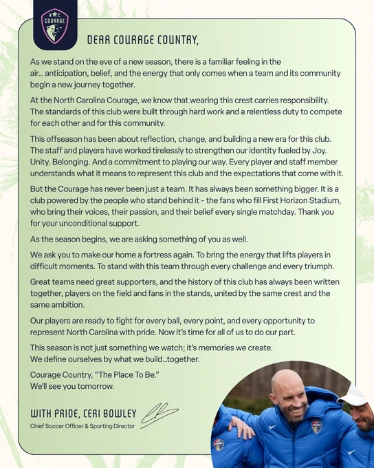Letter from Chief Soccer Officer & Sporting Director Ceri Bowley