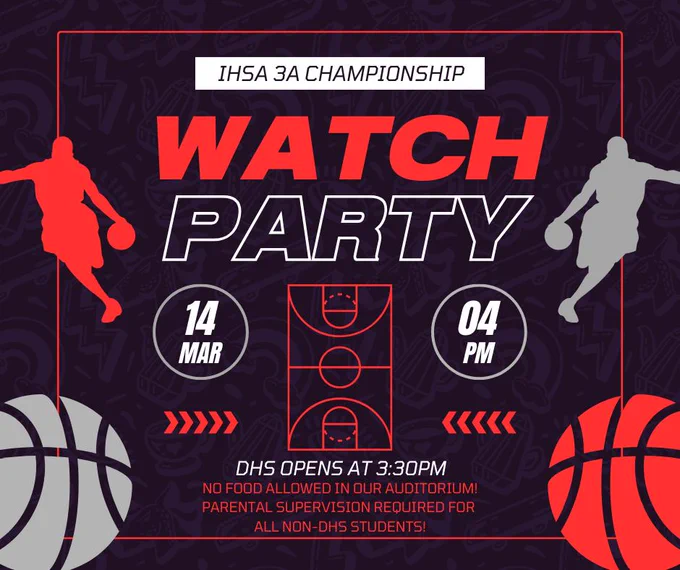 Watch party graphic for DHS boys basketball