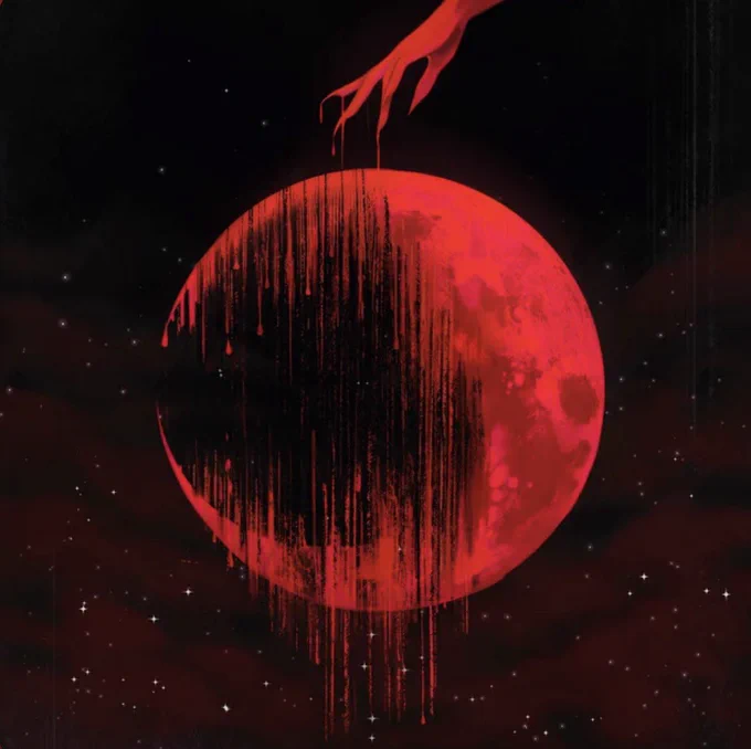 Capa da música "Breu", com uma lua vermelha no centro.