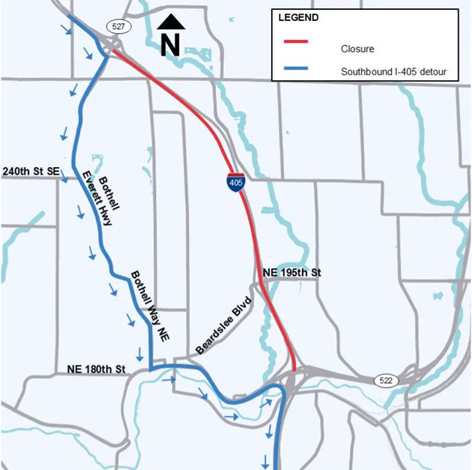 A detour map for the full closure of both directions of I-405 in the City of Bothell. The southbound closure, marked by a red line between State Route 527/Bothell Everett Highway and State Route 522, has travelers use a detour, marked by a blue line and arrows, has travelers exit southbound I-405 at State Route 527/Bothell Everett Highway, head south into downtown Bothell, then head east on State Route 522 to rejoin southbound I-405.