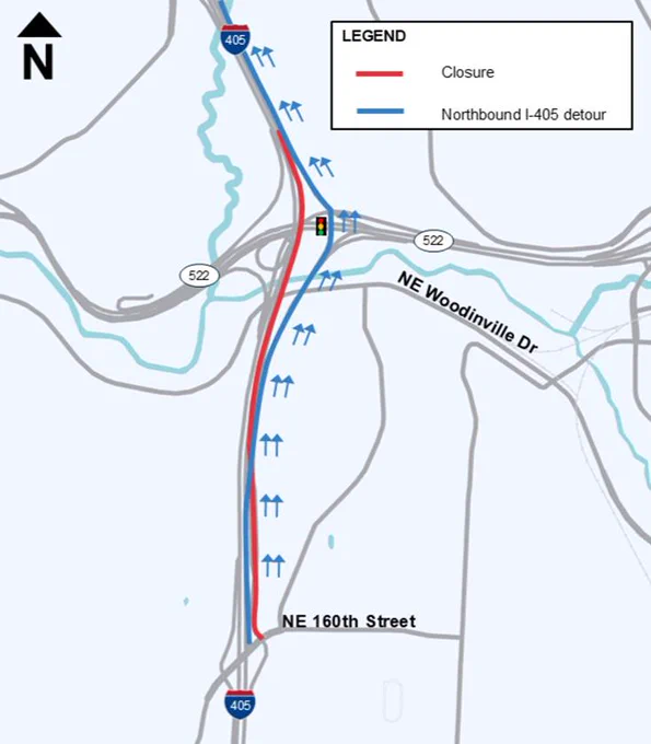 A detour map for the full closure of both directions of I-405 in the City of Bothell.  The northbound closure, marked by a red line between Northeast 160th Street and just north of State Route 522, has travelers use a detour, marked by a blue line and arrows, where they exit at State Route 522, heads down to the intersection, and rejoins northbound I-405 at the on-ramp.
