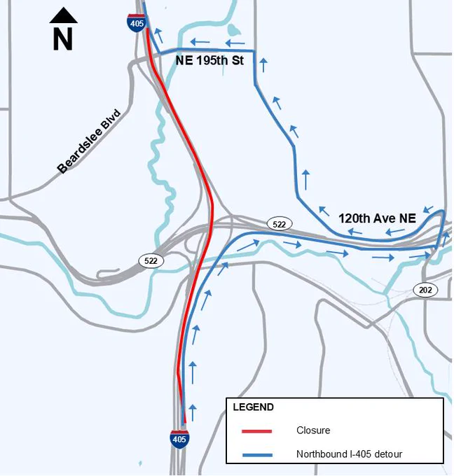 A detour map for the full closure of both directions of I-405 in the City of Bothell.  The northbound closure, marked by a red line between Northeast 160th Street and just north of State Route 522, has travelers use a detour, marked by a blue line and arrows, where they exit at State Route 522, head east toward State Route 202 and exit there, head north then west on 120th Avenue Northeast, then north, the west on Northeast 195th Street before rejoining northbound I-405. 