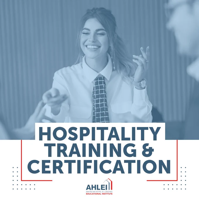 The image shows a person in professional attire smiling and gesturing with hands, with the text "Hospitality Training & Certification" and the logo of AHLEI, the American Hotel & Lodging Educational Institute, below.