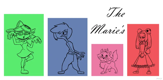 A crossover fan art of four fictional ladies, each sharing the same name of "Marie", from each from their respective series. From left to right: Marie (Splatoon), Marie Kanker (Ed, Edd n Eddy), Marie (The Aristocats), and Marie (Skullgirls).