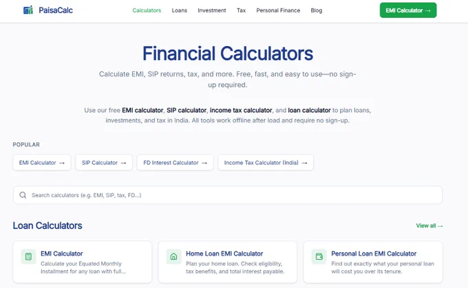 Calculate EMI, SIP returns, tax, and more. Free, fast, and easy to use—no sign-up required.

