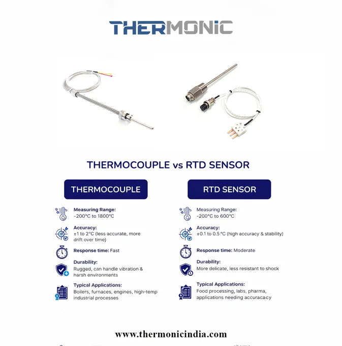 Industrial temperature sensor comparison between thermocouple and RTD sensors with specifications and applications.