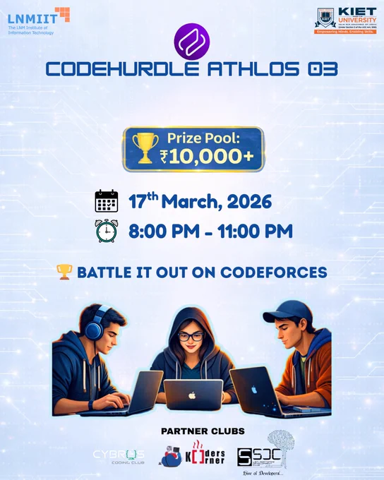 WhatsApp Group: https://chat.whatsapp.com/L0TQpOsRCQoGe6ZeKslP9e 
Discord: https://discord.gg/3kYXZBr6tA
CodeForces Blog: https://codeforces.com/blog/entry/151880
CodeForces Group: https://athlos.contest.codeforces.com/group/fpQdcoMDot/contests