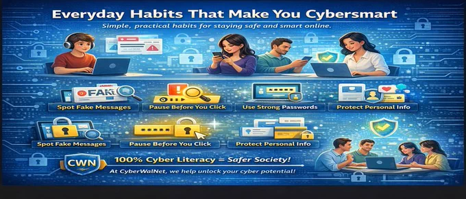 Being Cybersmart is not about being a tech expert. It is about building simple daily habits that protect you online.

Spot fake messages.
Do not click in a hurry.
Use strong passwords   2-step verification.
Do not overshare personal info.
Stay respectful and responsible online.

Think of it like a helmet for your digital life—small habit, big protection.

At CyberWalNet, we are working toward 100% cyber literacy through practical awareness and hands-on learning.
Pause. Verify. Then act.

#CyberWalNet #Cybersmart #CyberSafety #CyberSecurity #DigitalSafety #CyberAwareness #OnlineSafety #StaySafeOnline #100PercentCyberLiteracy #CyberHygiene