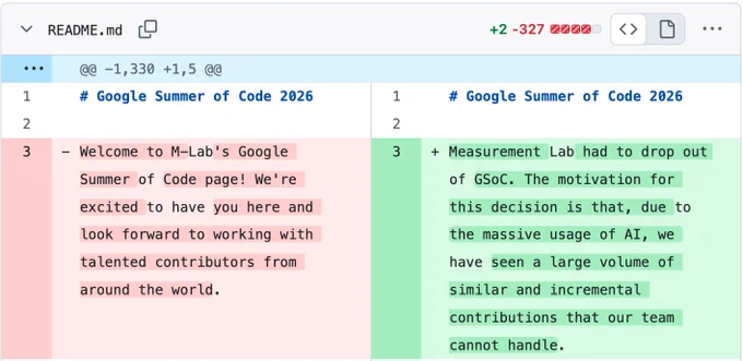 Git diff view.

Before: 
# Google Summer of Code 2026

Welcome to M-Lab's Google Summer of Code page! We're excited to have you here and look forward to working with talented contributors from around the world.

After: 
# Google Summer of Code 2026

Measurement Lab had to drop out of GSoC. The motivation for this decision is that, due to the massive usage of AI, we have seen a large volume of similar and incremental contributions that our team cannot handle.