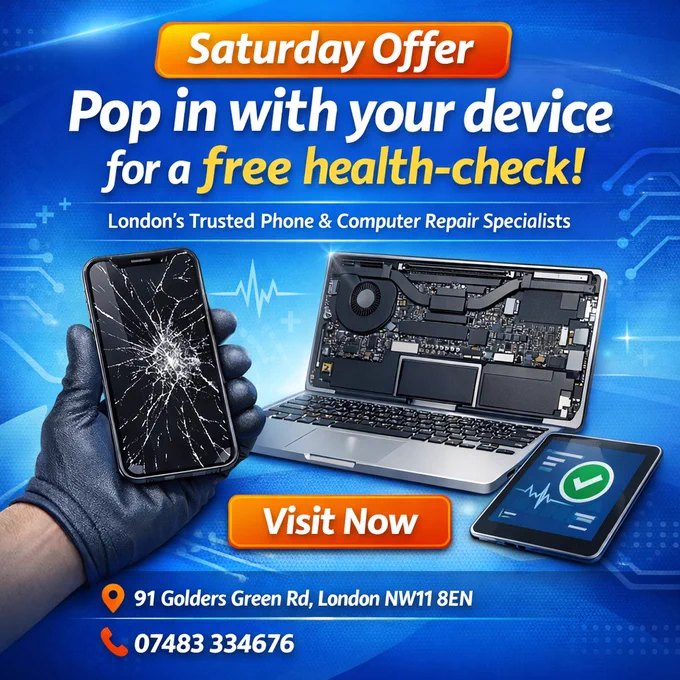 Saturday Free Device Health Check in Golders Green | Phone & Computer Repair

Is your phone, laptop, or tablet not working as smoothly as it should? This Saturday, bring your device to While You Wait Repairs for a FREE device health check. 🔧📱💻

Our technicians will quickly inspect your device and let you know if anything needs attention — no obligation and no cost.

✔ Free device health check
✔ Same-day repair service available
✔ No Fix, No Fee
✔ 100% data security
✔ Trusted local repair specialists

Pop in and let us make sure your device is running at its best.

📍 91 Golders Green Rd, London NW11 8EN
📞 07483334676

We look forward to helping our local community keep their devices in top condition.